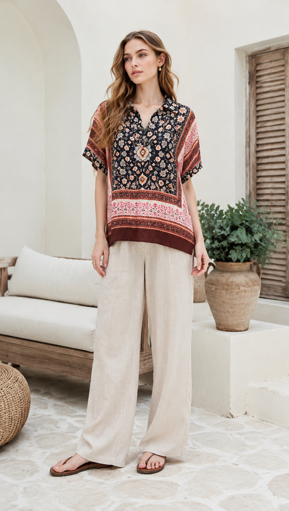 Boho Scarf Print V-Neck Camp Collar Relaxed Shirt AN-620049