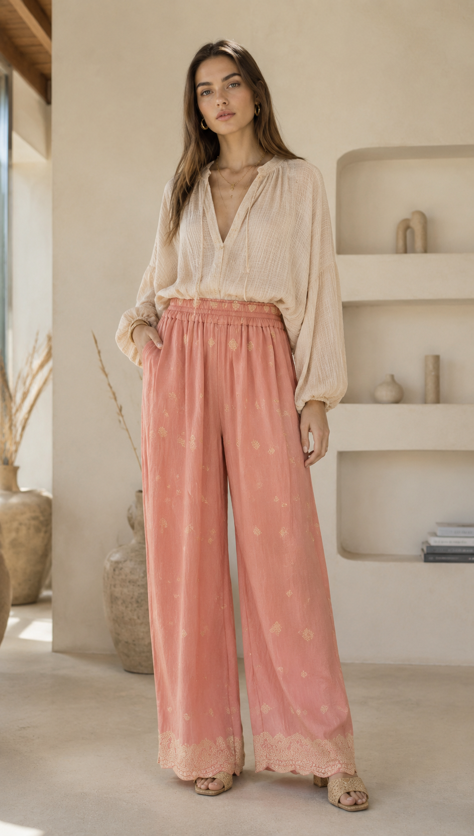 Minimalist High-Waisted Embroidered Wide-Leg Trousers AN-710002