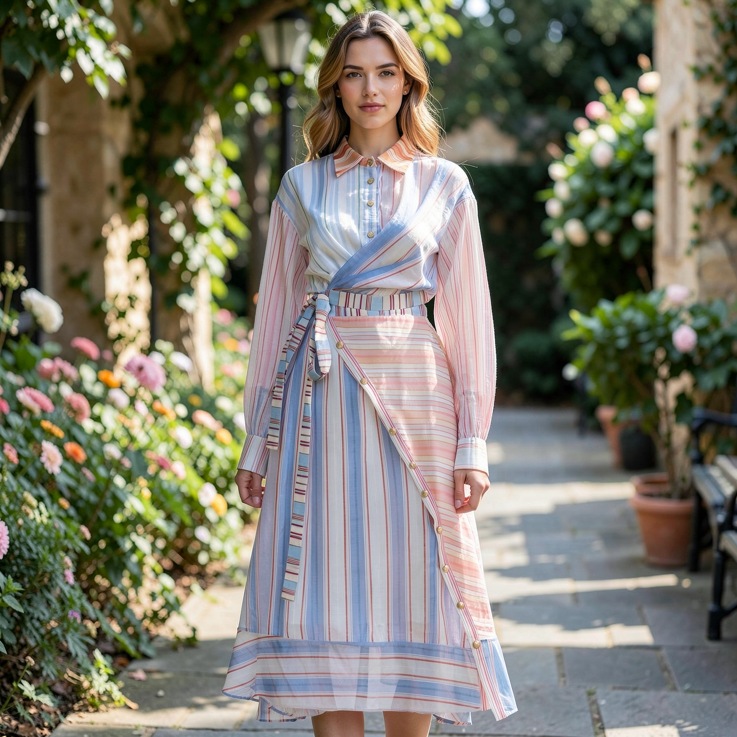 Women’s Striped Chiffon Belted Wrap Shirt Midi Dress LA-030413