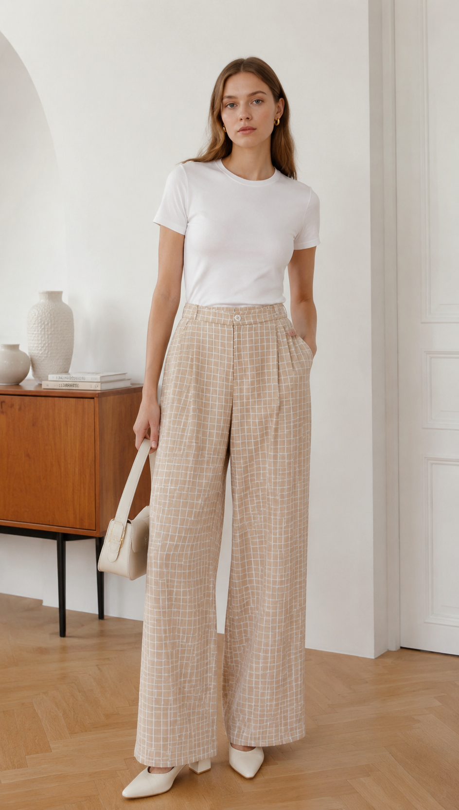 Minimalist Blue Grid Print High-Waisted Trousers AN-710016