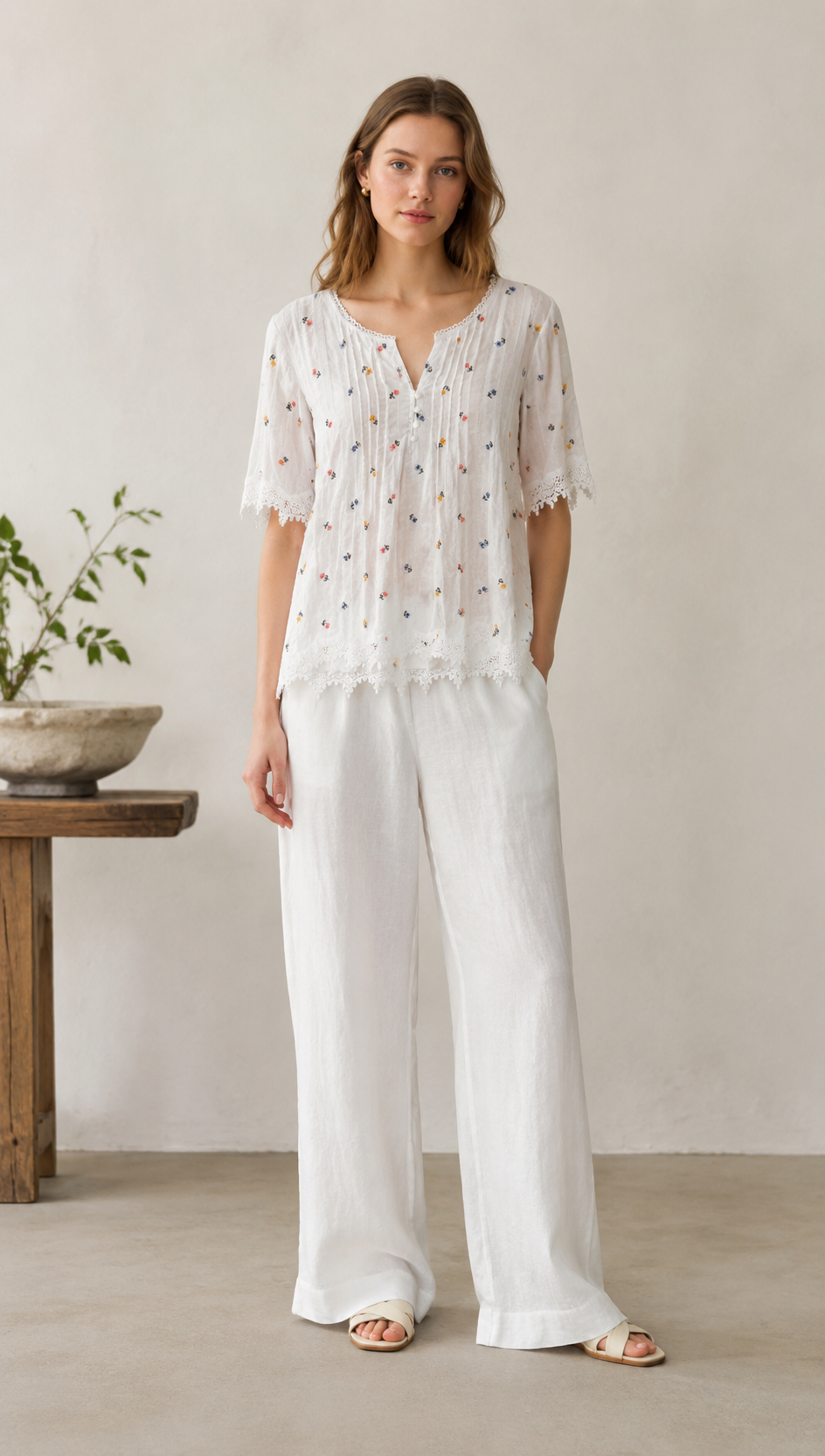 Minimalist White Floral Embroidered Lace Trim Top AN-750005