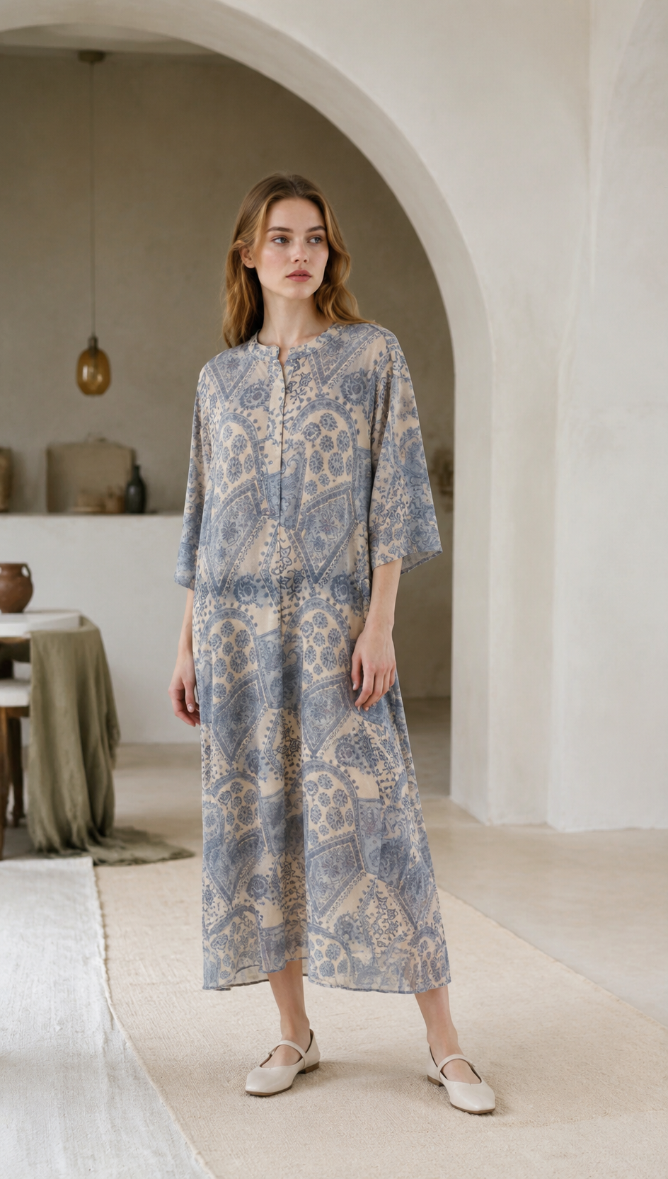 Minimalist Paisley Print Half-Button Tunic Dress AN-750010