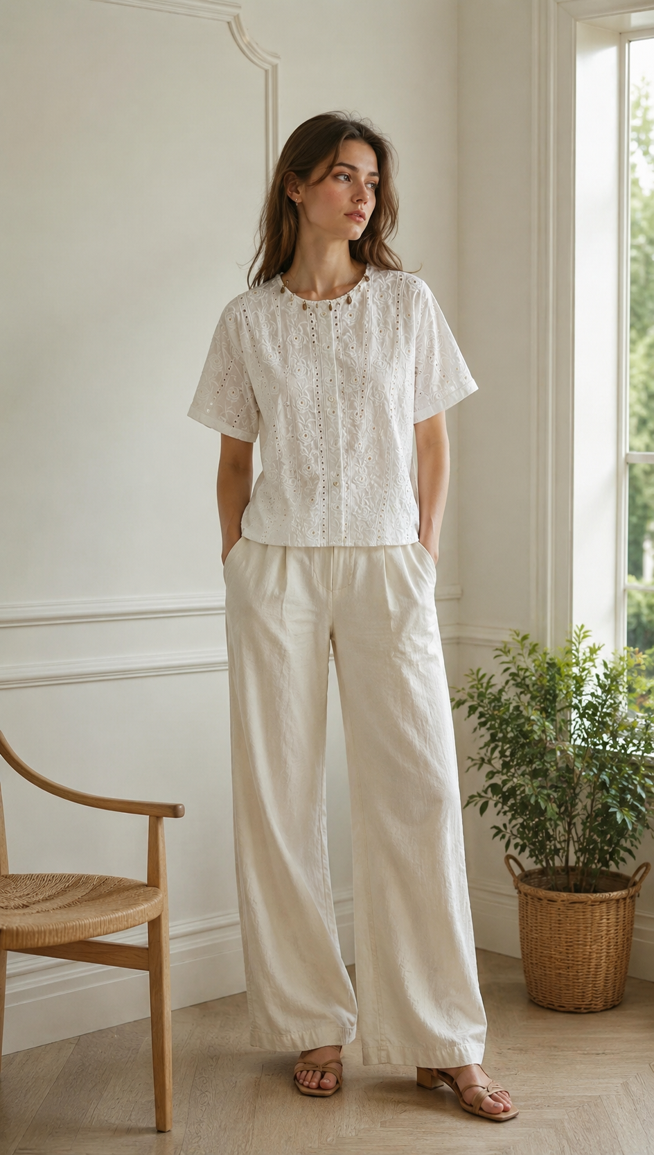 Minimalist Embroidered Eyelet Blouse with Beaded Trim AN-750013