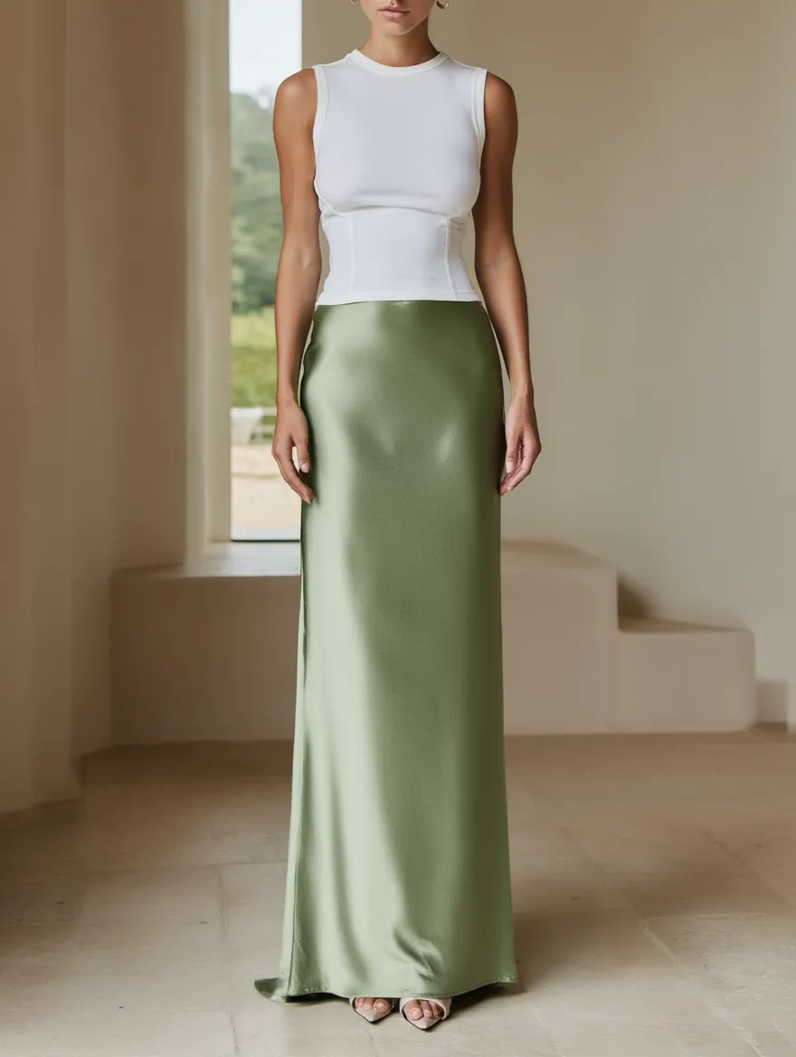 Women’s Satin High Waist Slip Midi Skirt LA-030409