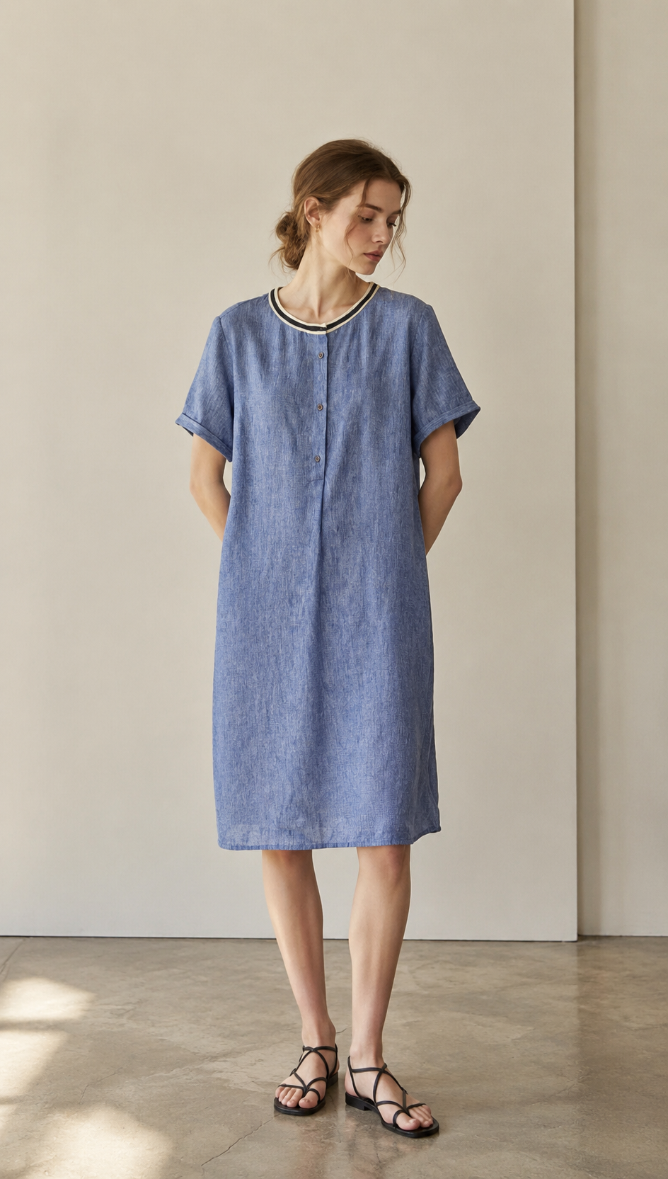 Blue Linen-Blend Tunic Dress with Contrast Neckline Trim AN-750015