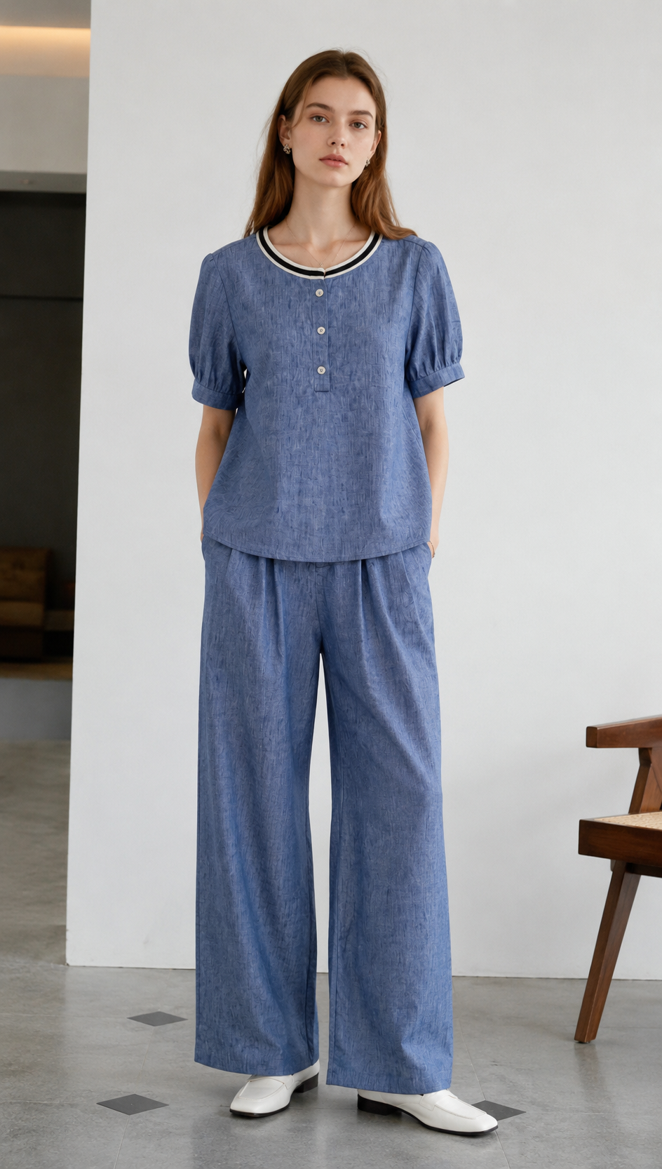 Elegant Linen-Blend Blouse with Contrast Ribbed Neckline AN-750016