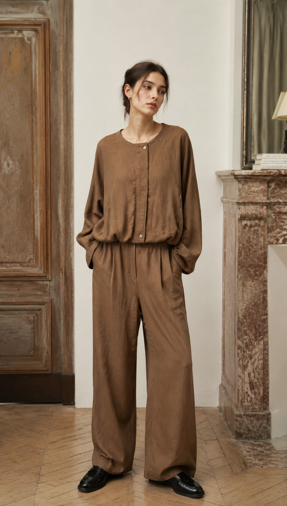 Minimalist Linen Cropped Bomber Jacket with Elastic Hem LA-710004