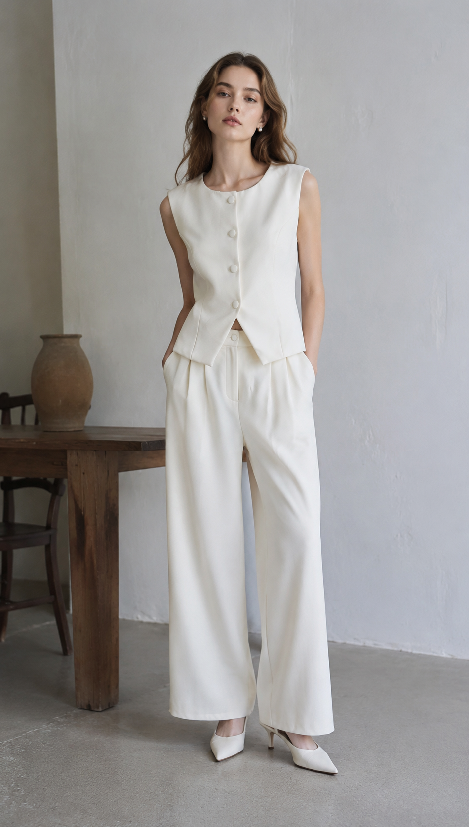 Elegant Light Vest & High-Waisted Wide-Leg Pants Set LA-710009