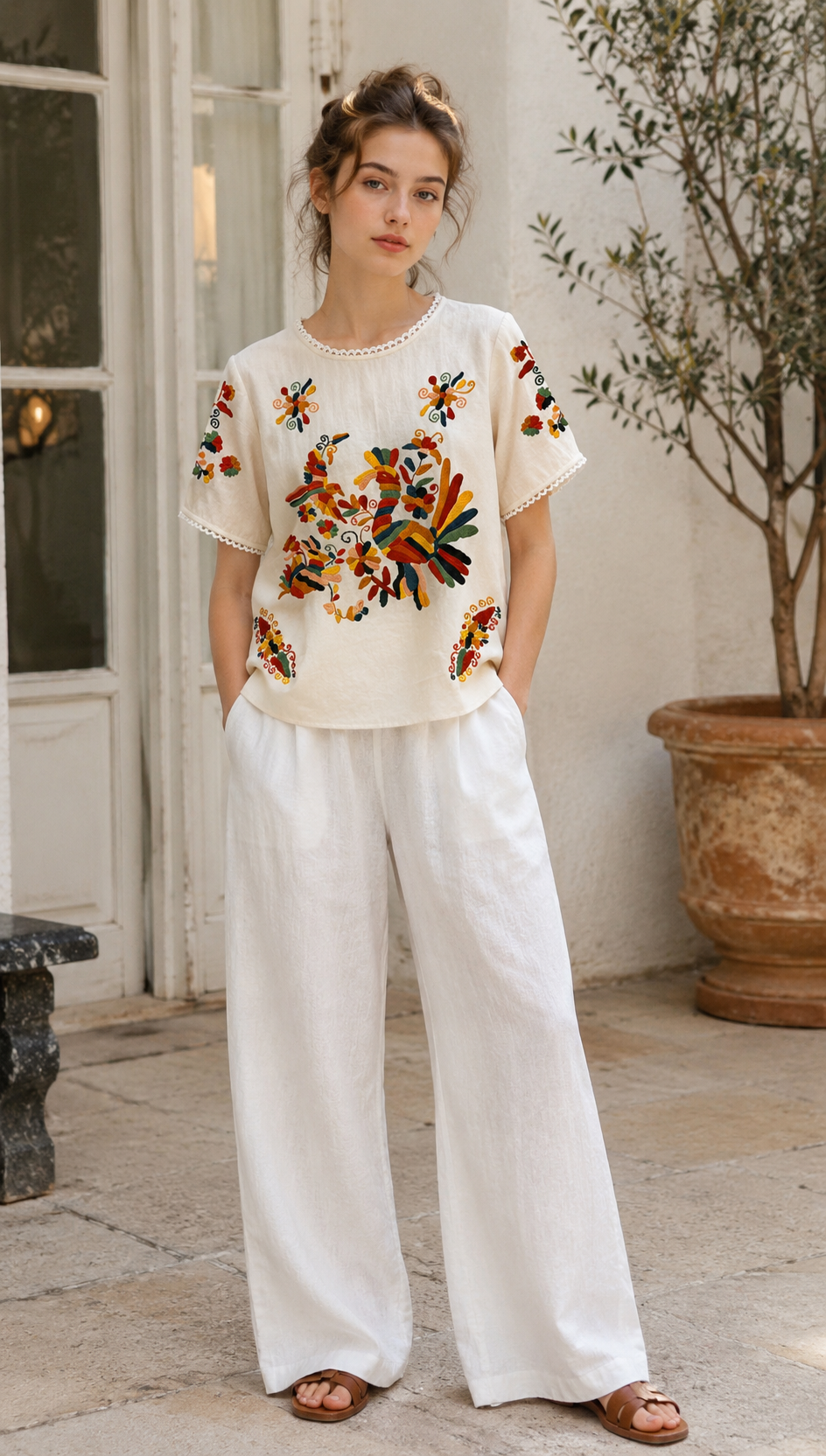 Floral Embroidered Boho Blouse with Lace Trim LA-750002