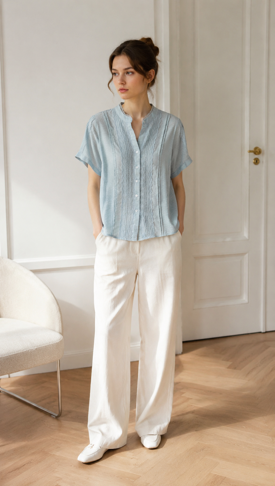 Linen-Blend Lace Trim Short-Sleeve Blouse LA-780002