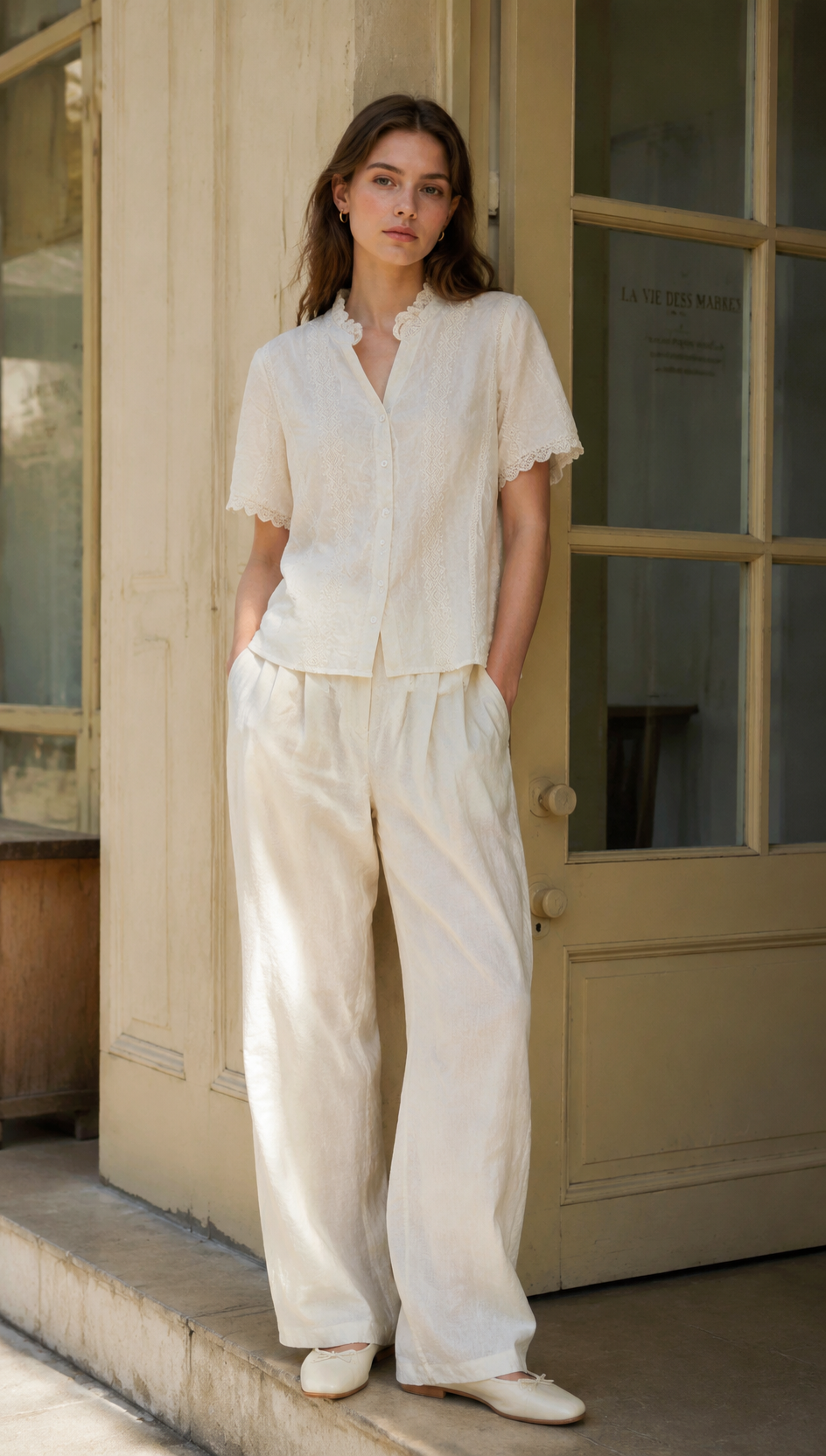 Linen-Blend Blouse with White Lace & Embroidery LA-810001