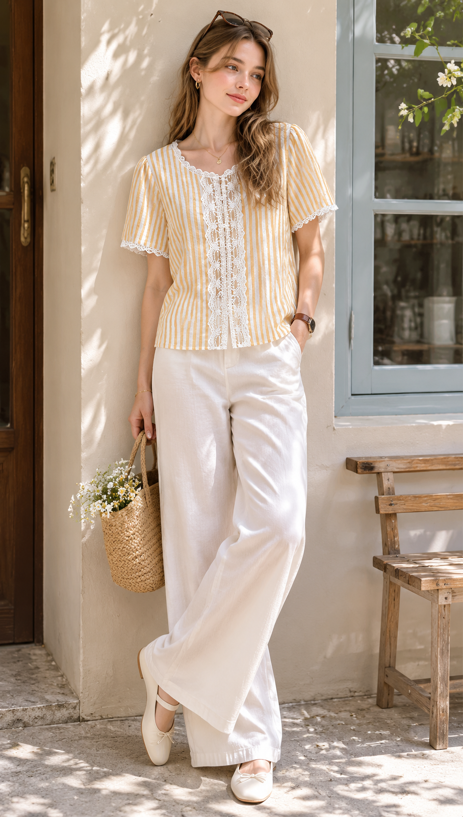 Elegant Striped Blouse with White Lace Details LA-810002