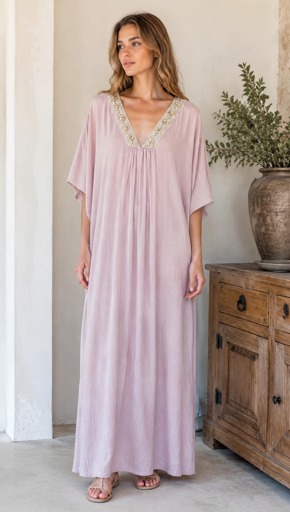 Linen-Blend Kaftan Dress with Shell & Lace Neckline LA-810005