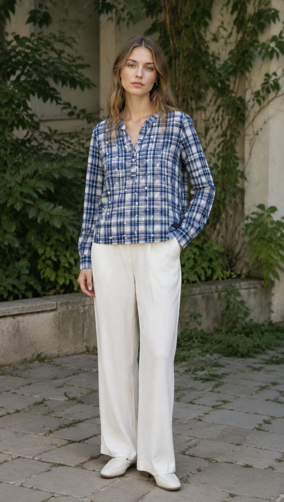 Blue & White Plaid Blouse with Floral Embroidery AN-710025