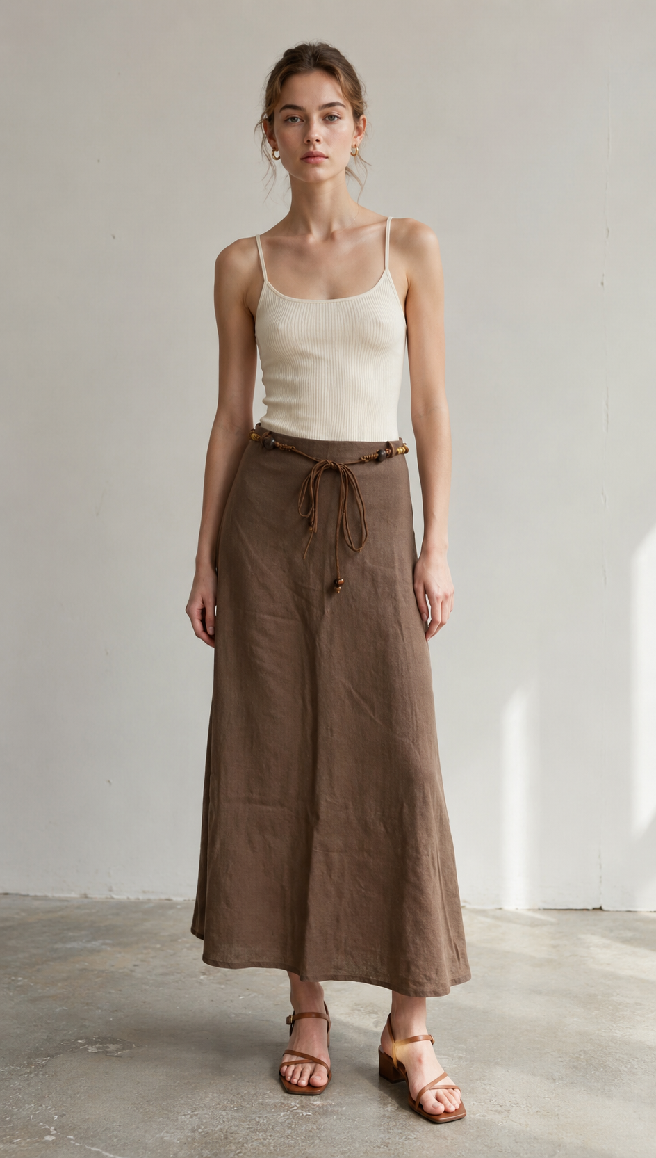 Linen-Blend A-Line Skirt with Beaded Belt AN-620050