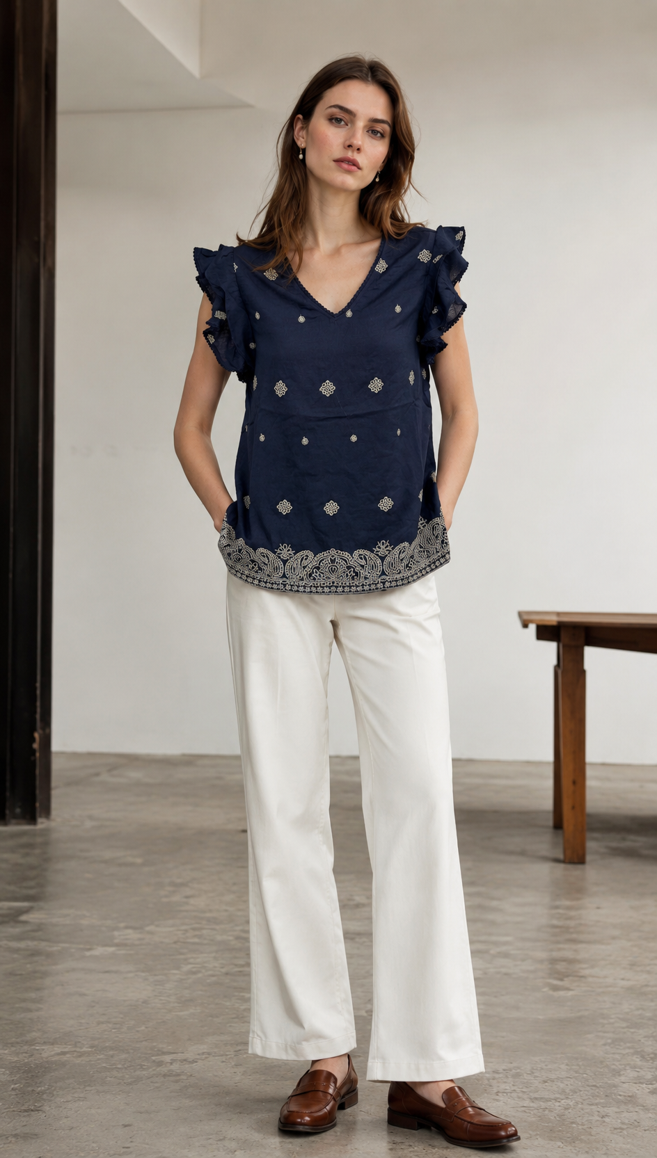 Linen-Blend Embroidered Blouse with Ruffled Sleeves AN-710001