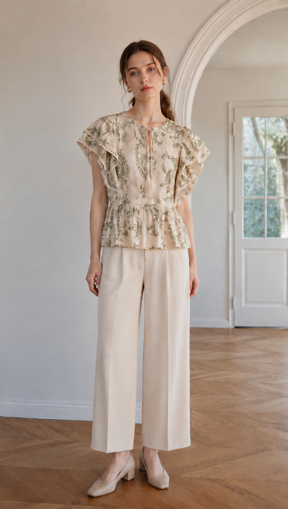 Boho Beige Paisley Print Blouse - Ruffle Sleeve Relaxed Fit Top  AN-710027