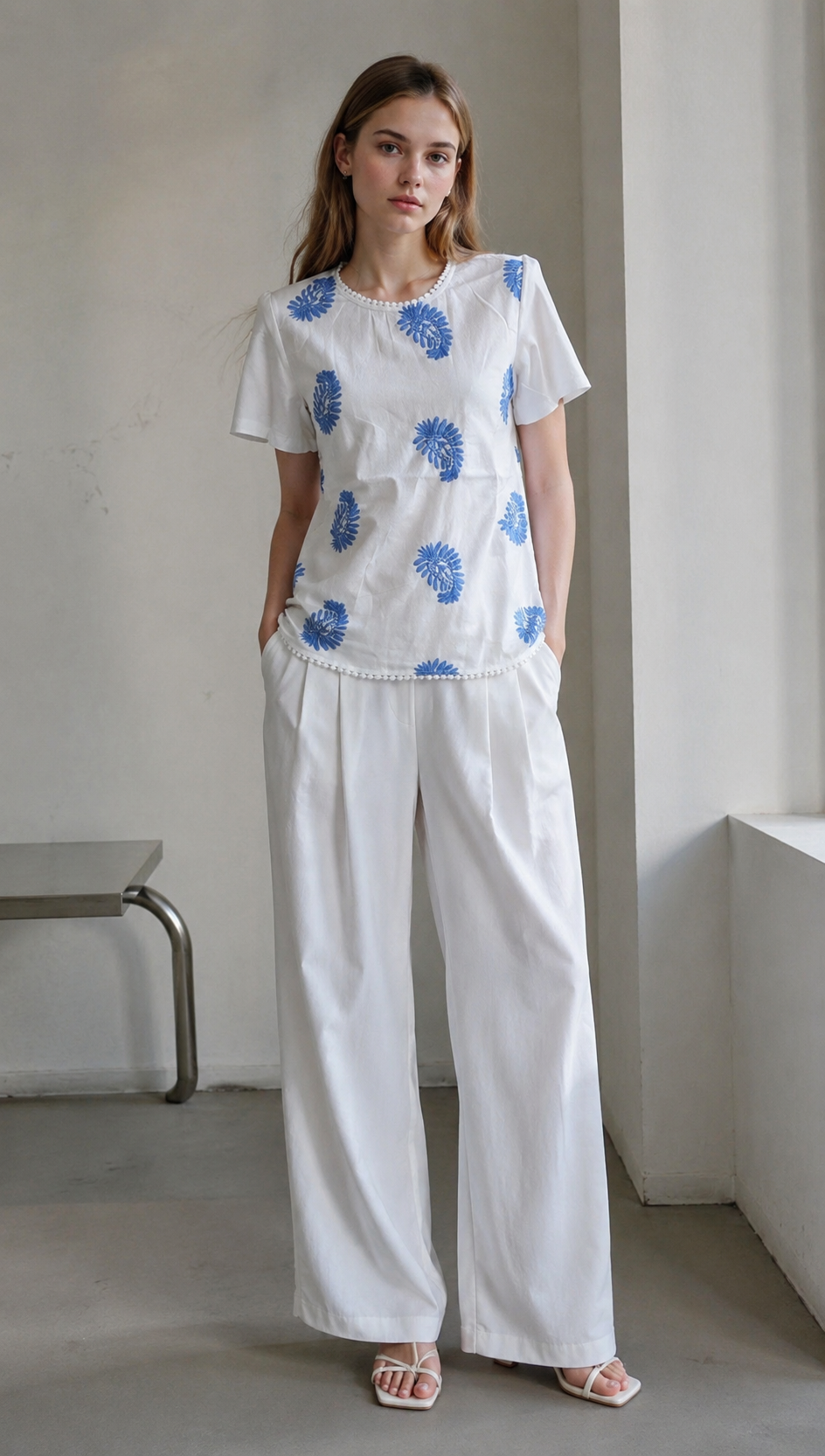 Elegant Cotton-Blend Blouse with Lace Trim AN-750004
