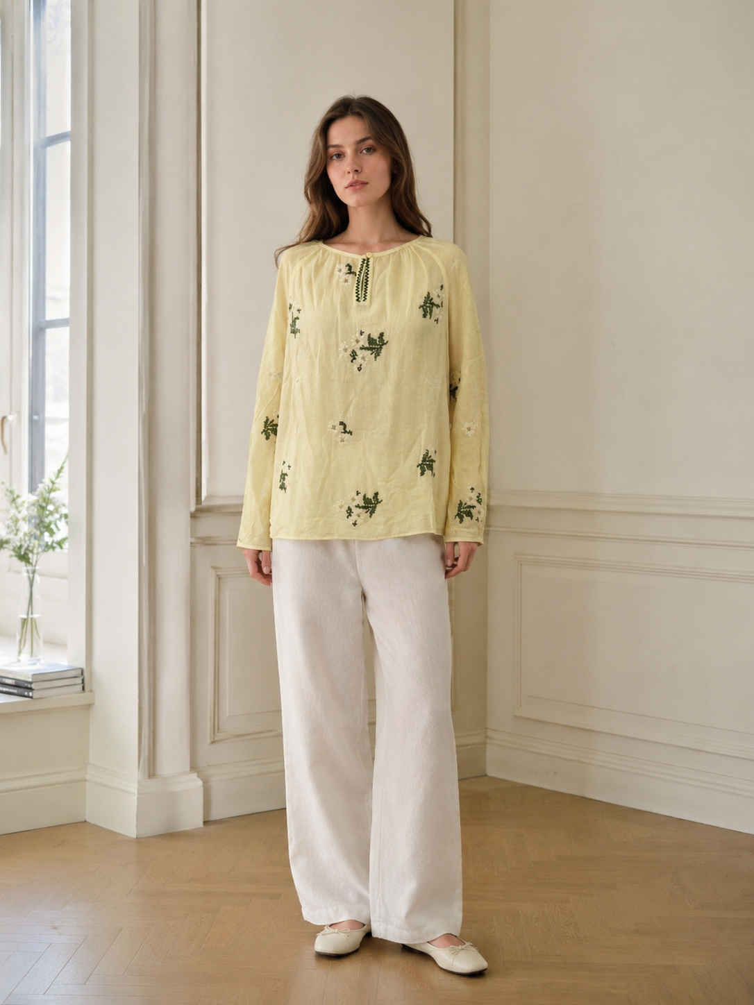 Floral Embroidered Long-Sleeve Blouse AN-620046