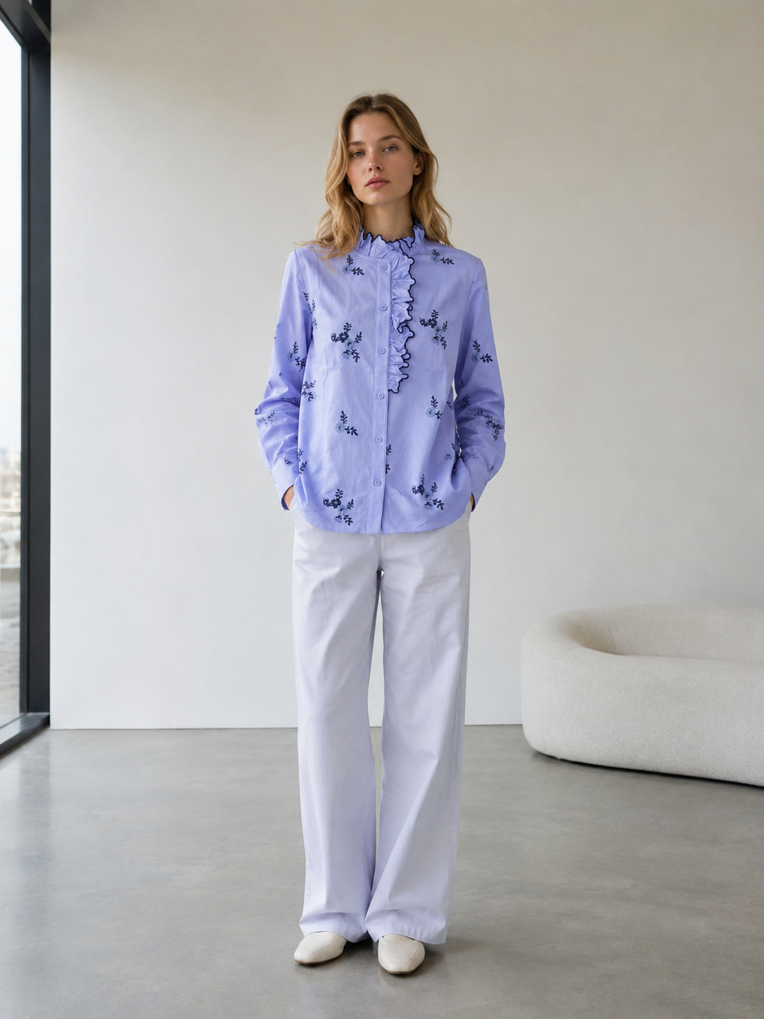 Floral Embroidered Ruffle Trim Blouse AN-710005