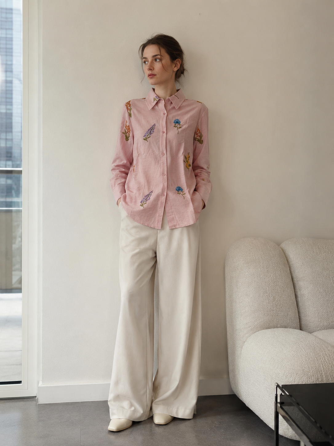 Floral Embroidered Long-Sleeve Button-Up Shirt AN-710017