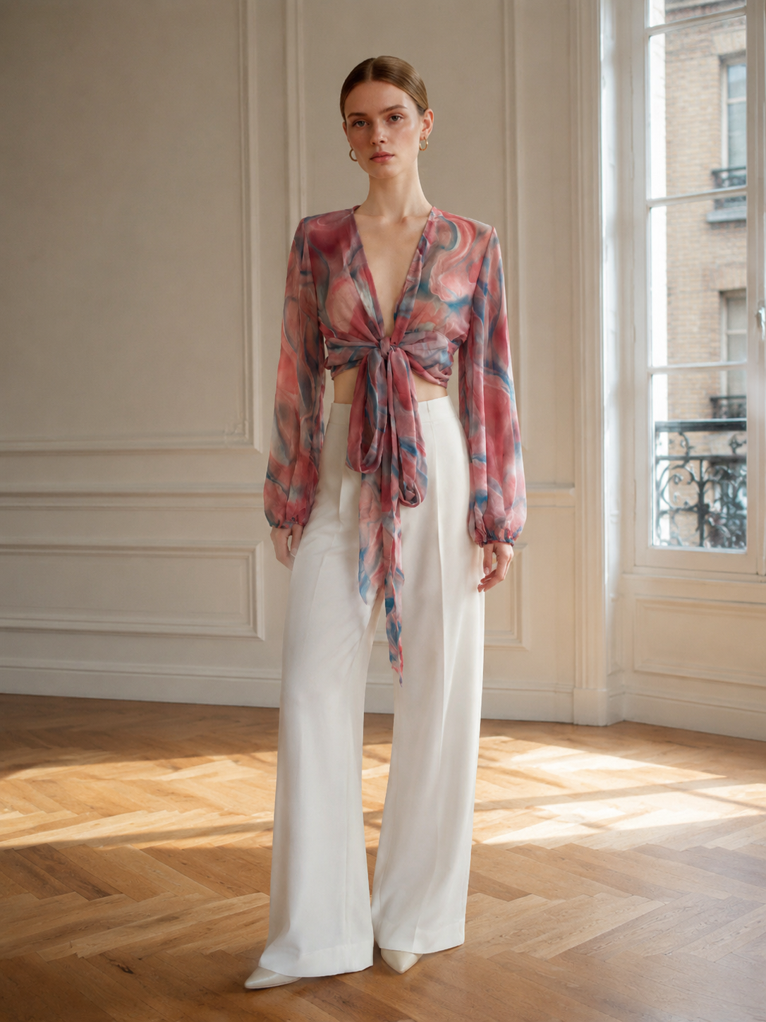 Minimalist Sheer Tie-Dye Long-Sleeve Wrap Blouse LA-710010