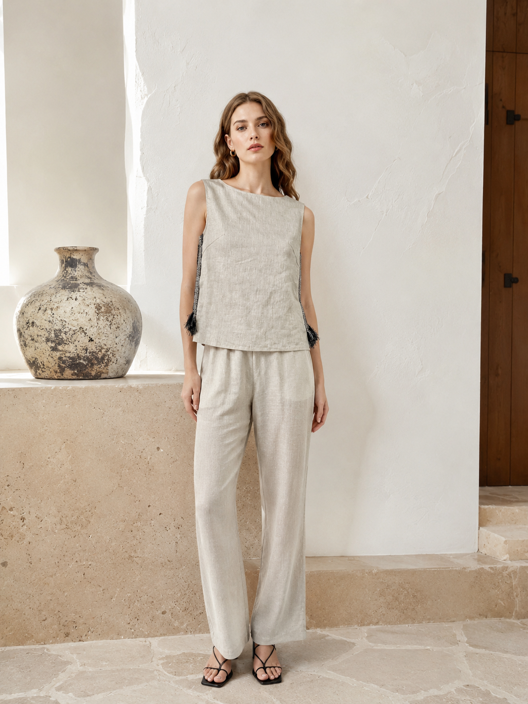 Women’s Boho Linen Blend Tassel Trim Sleeveless Top A-41768