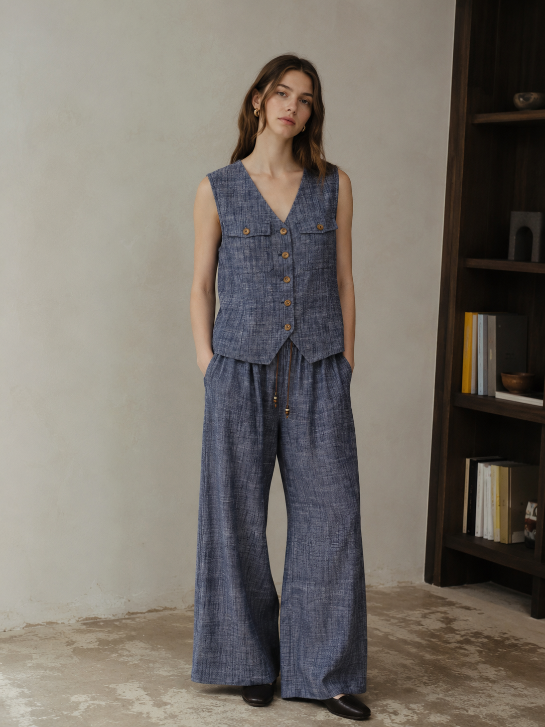 Boho Blue Grey Linen Suit - V-Neck Vest & Drawstring Wide Leg Pants  C-41743+C-41763