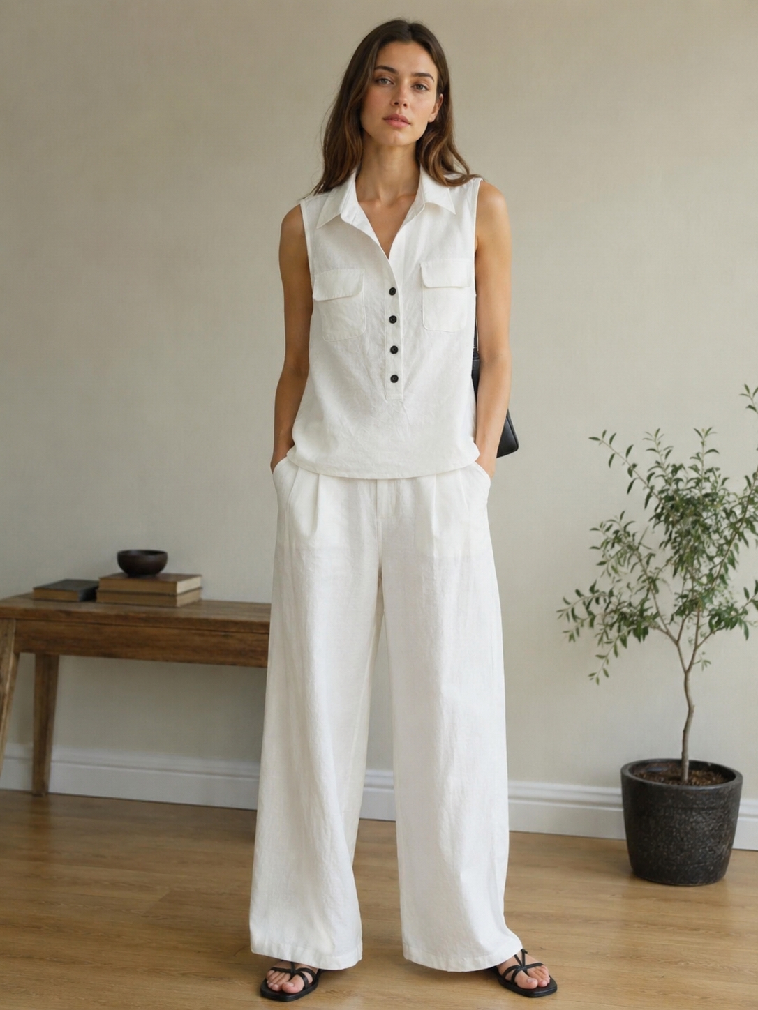 Chic White Sleeveless Shirt - Pocket Detail Layering Blouse  C-41786
