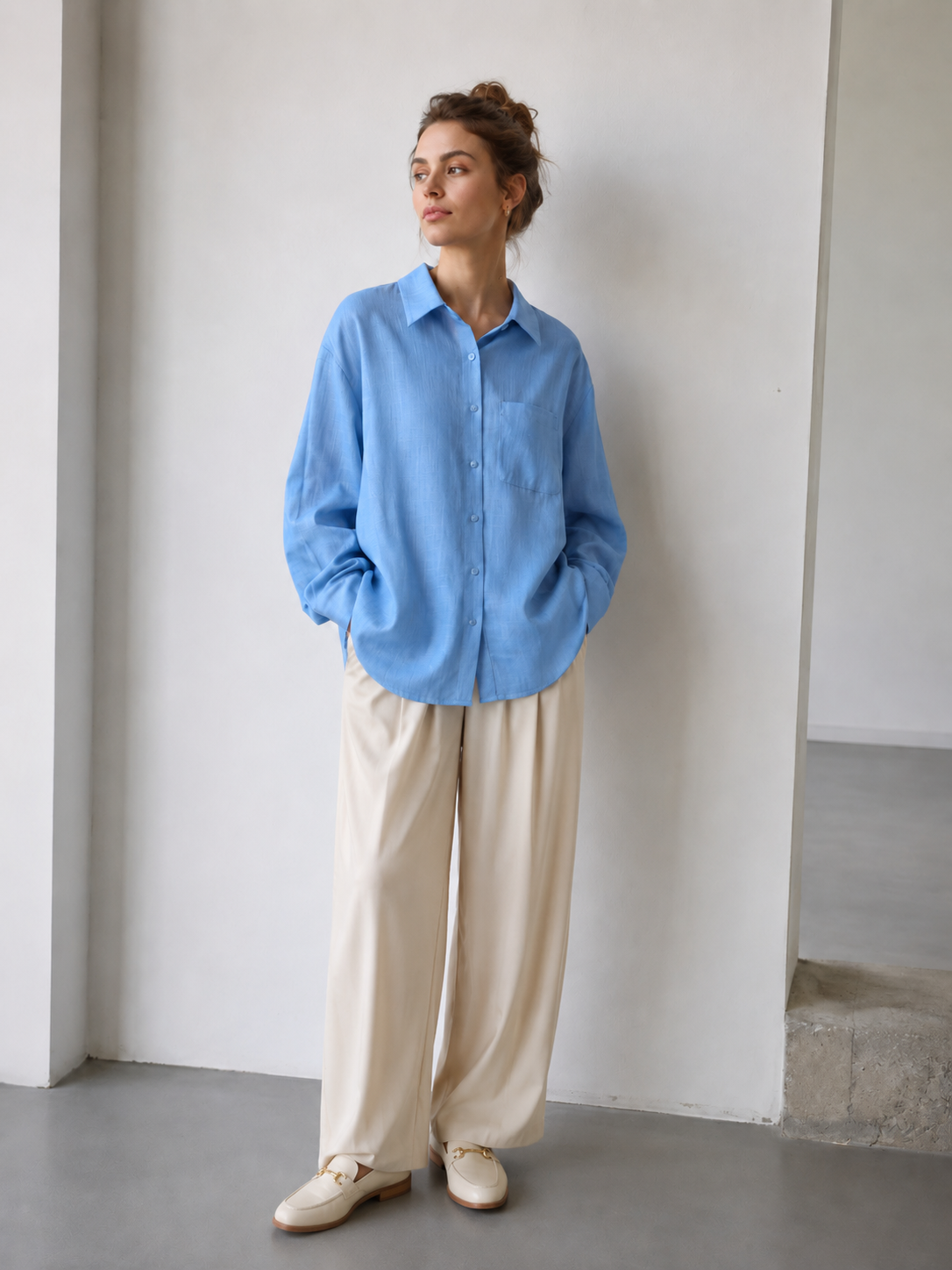 Relaxed Fit Sky Blue Linen Shirt C-42178