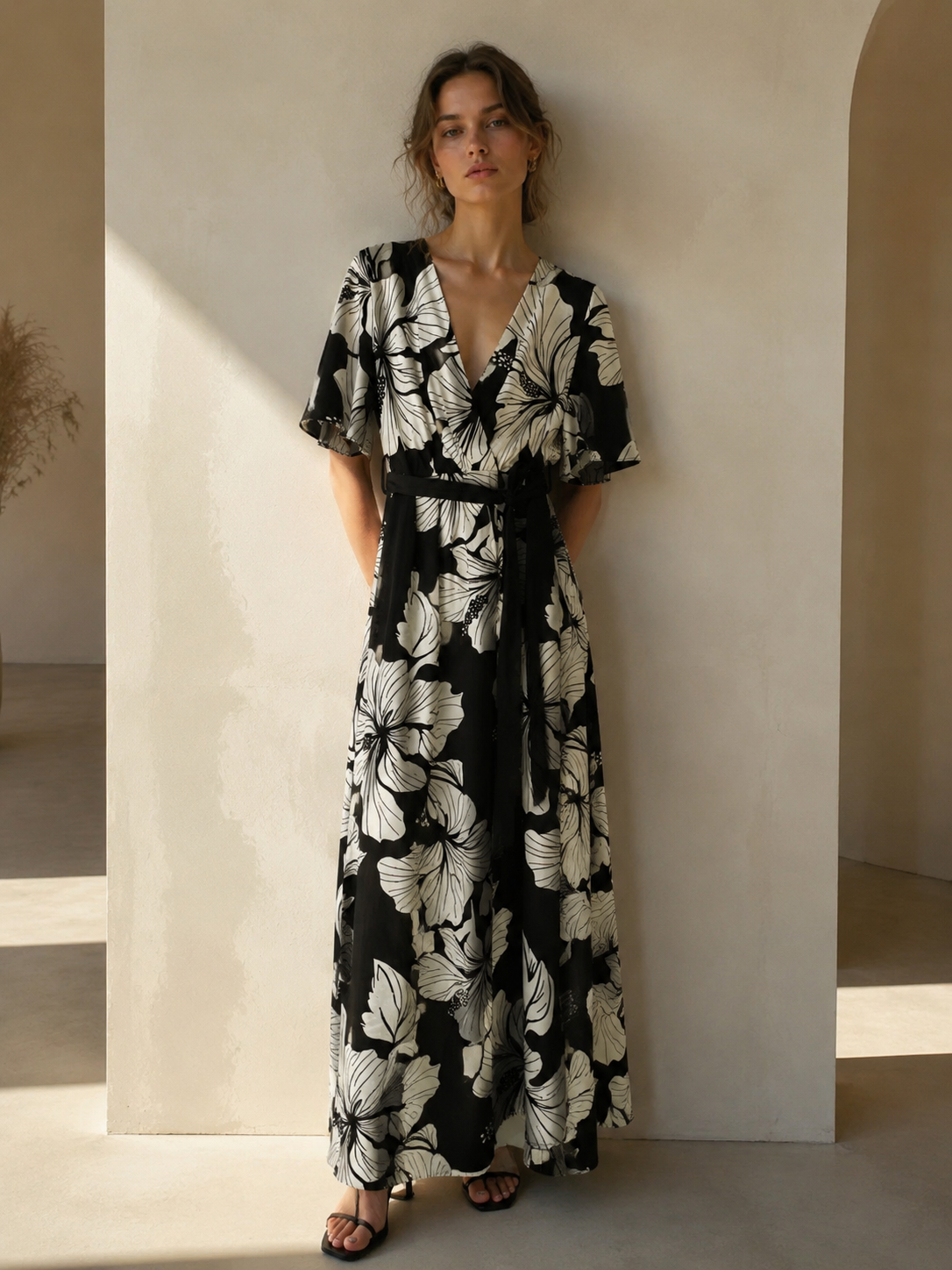 Women's Black & White Hibiscus Print Wrap Midi Dress - V-Neck Tie Waist Dress  C-42530