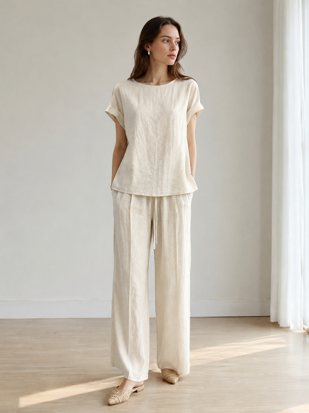 Women’s Linen Lounge Set – Relaxed Fit Top & Drawstring Pants Co-ord C-42767+C-42752