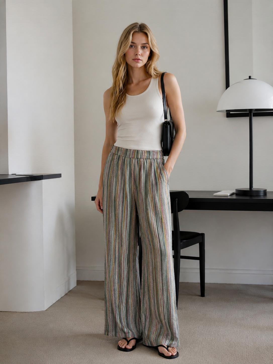 Elastic Waist Striped Wide Leg Pants - Versatile Boho Bottoms D-42124