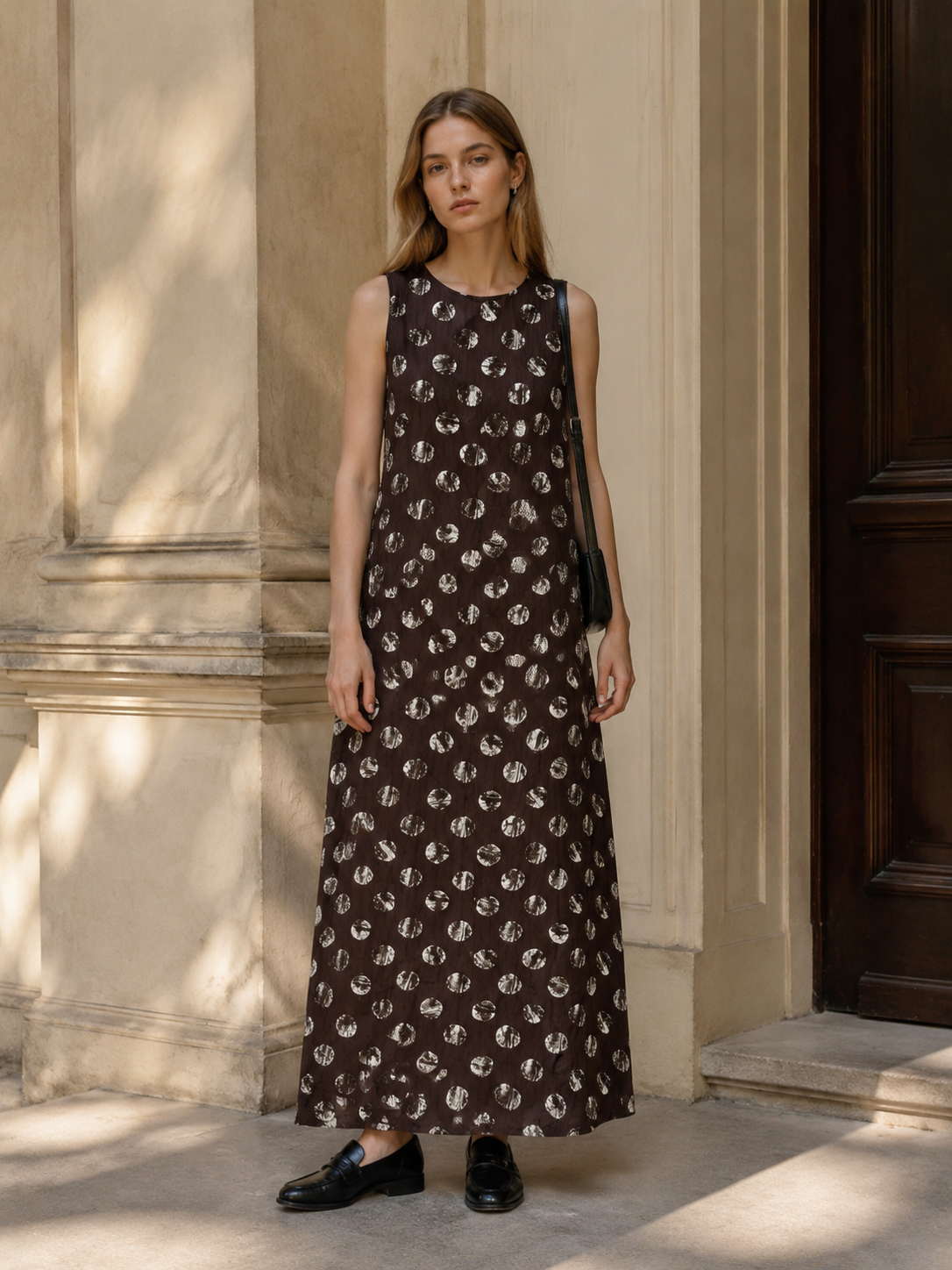Elegant Cream Polka Dot Midi Dress - Sleeveless Casual Dress  K-41817