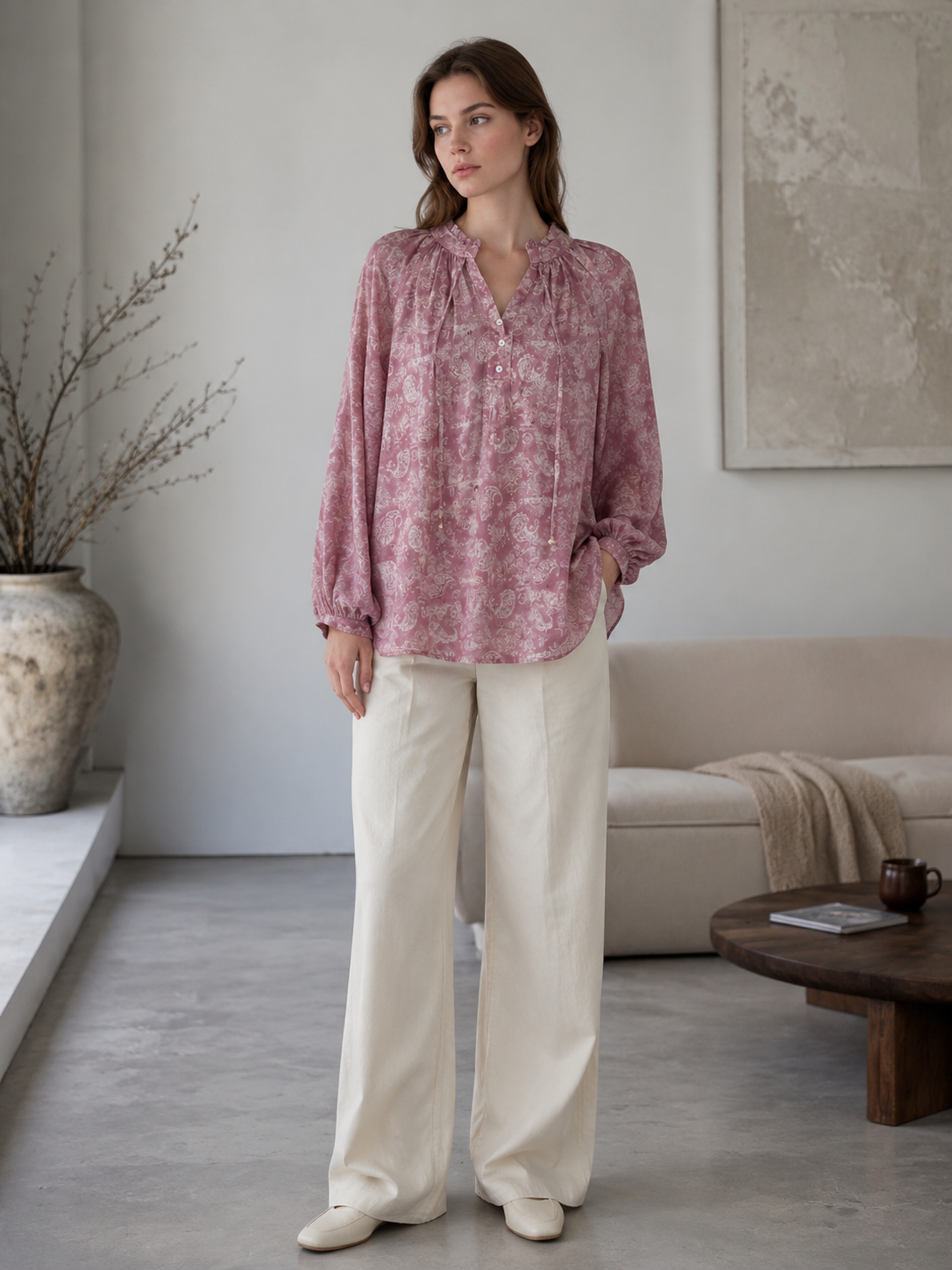 Women's  Paisley Print Blouse - Tie Neck Puff Sleeve Top AN-710020(N-41540)