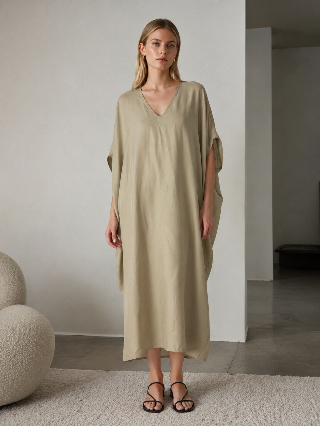 Chic Khaki Batwing Sleeve Shift Dress - Office Casual Midi Dress  S-2538