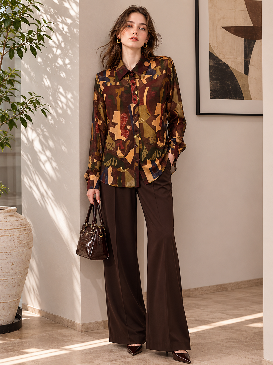 Women’s Abstract Art Print Oversized Shirt A-43136