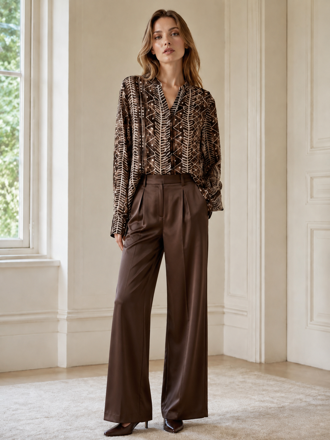 Women’s Sheer Boho Geometric Print Cropped Shirt A-43138