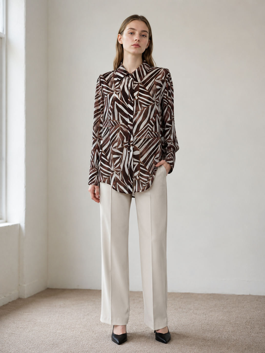 Women’s Zebra Print Long Sleeve Button Down Shirt A-43141