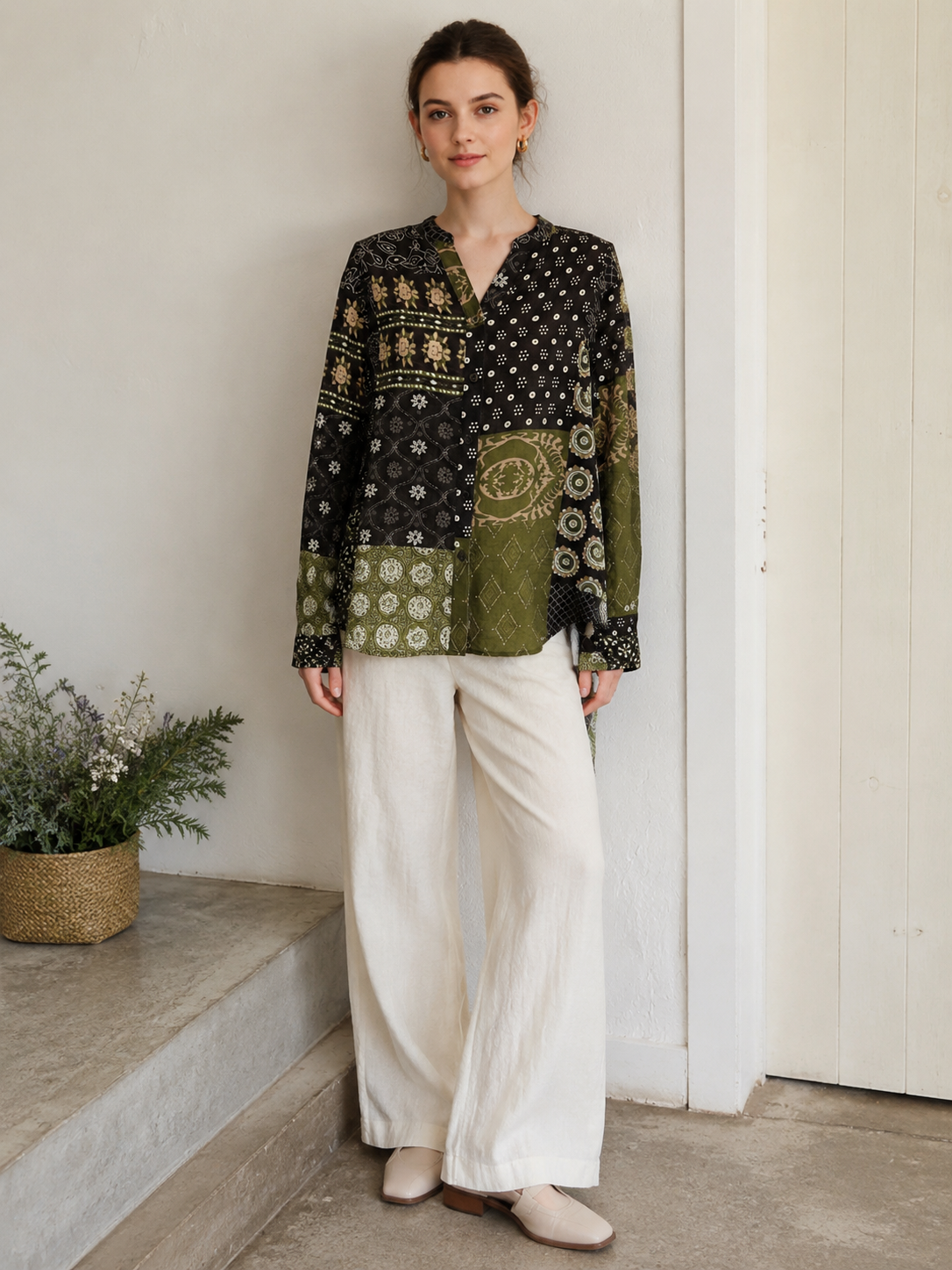 Women’s Boho Patchwork Print Button Down Shirt A-43175