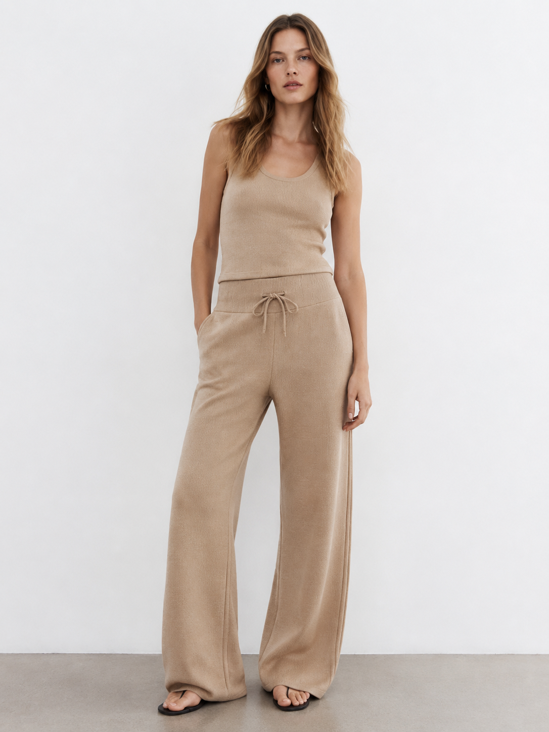 Elegant Beige Drawstring Knit Wide Leg Pants - Premium Everyday Wear XW-26904
