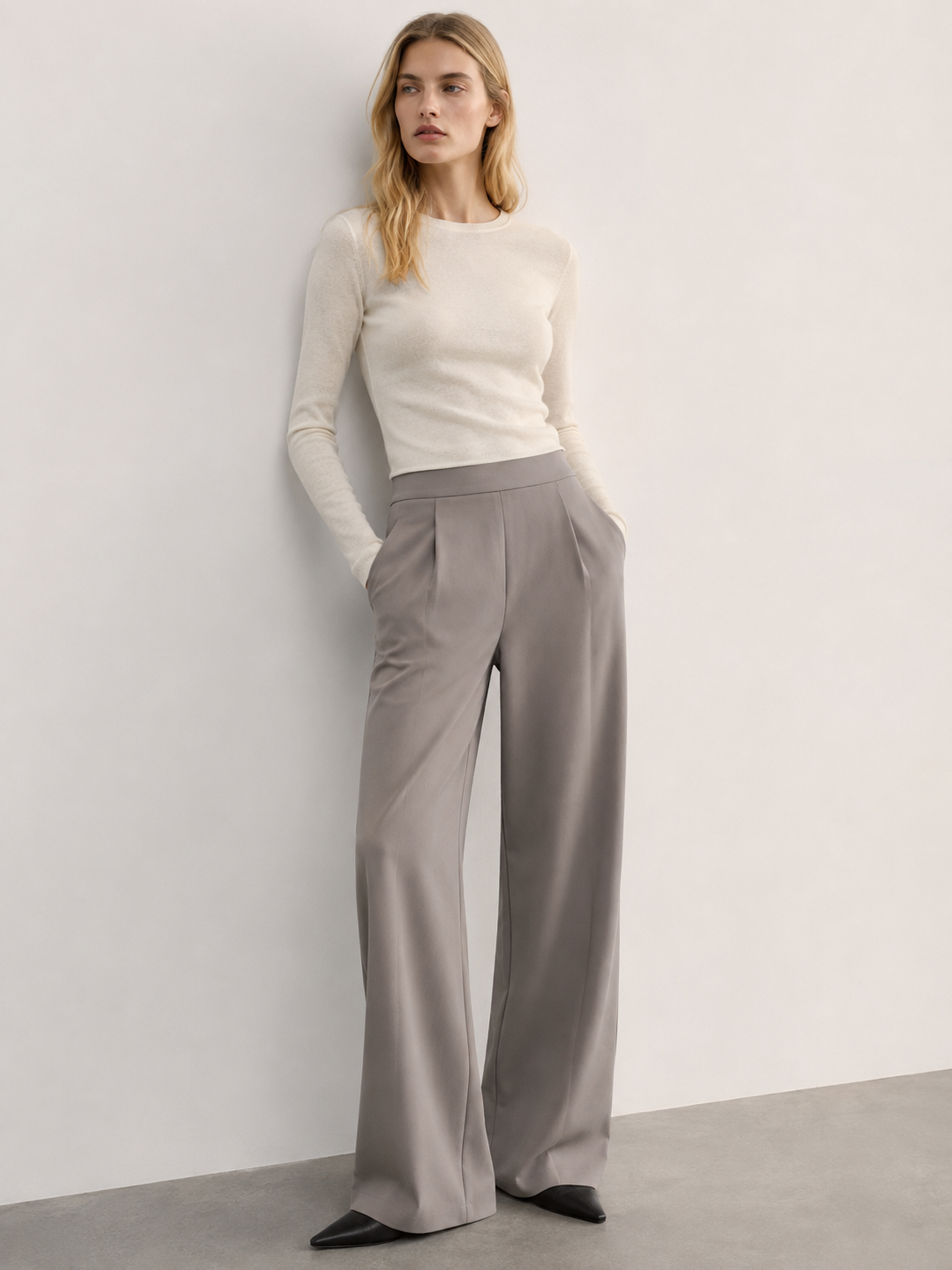 Front Pleated High Waist Taupe Wide Leg Pants - Versatile Workwear XW-26906