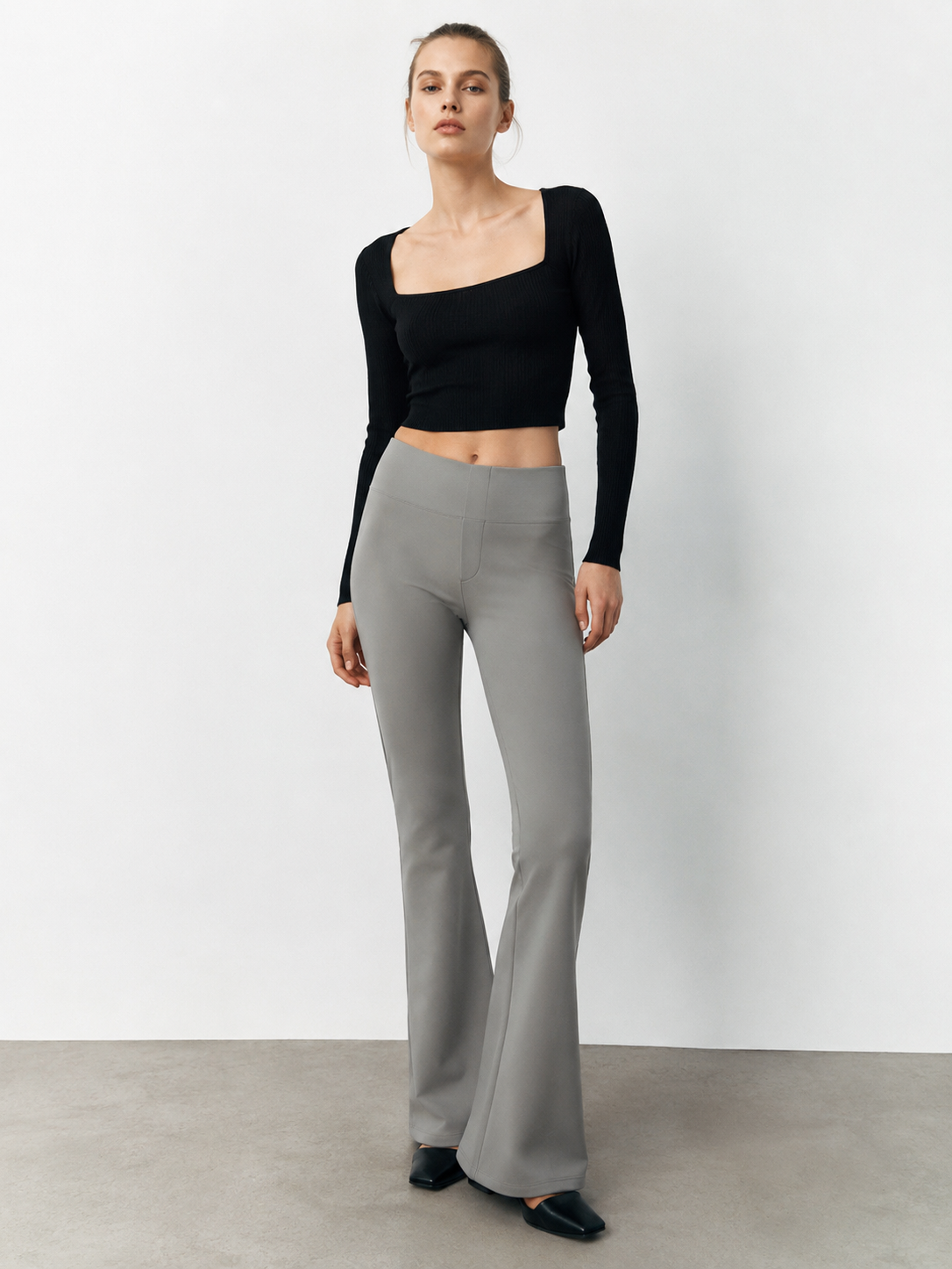 Elegant Grey High Waist Flare Pants - Premium Everyday Bottoms XW-26908