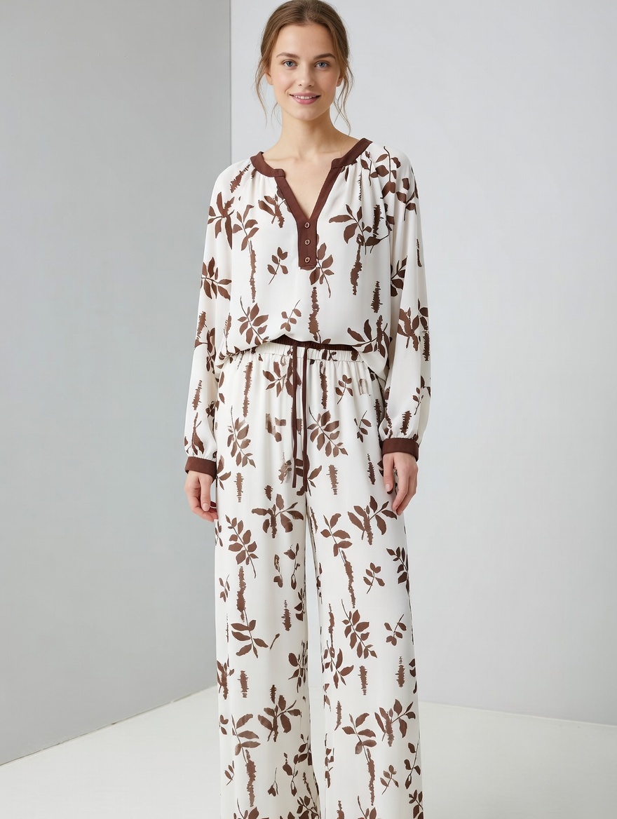 Women’s Boho Leaf Print Long Sleeve Top & Wide Leg Pants Set AN-760007+AN-760009