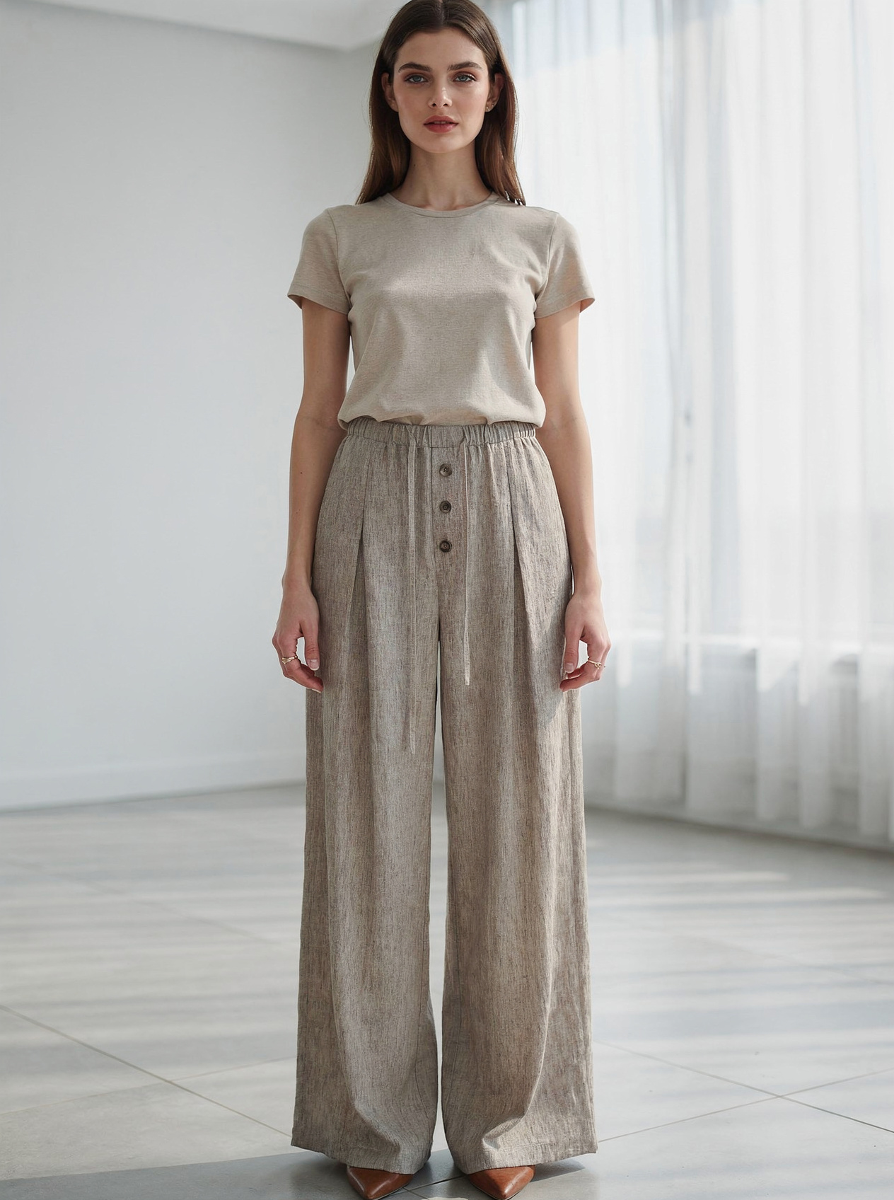 Women’s Casual Linen Elastic Waist Wide Leg Pants AN-760010