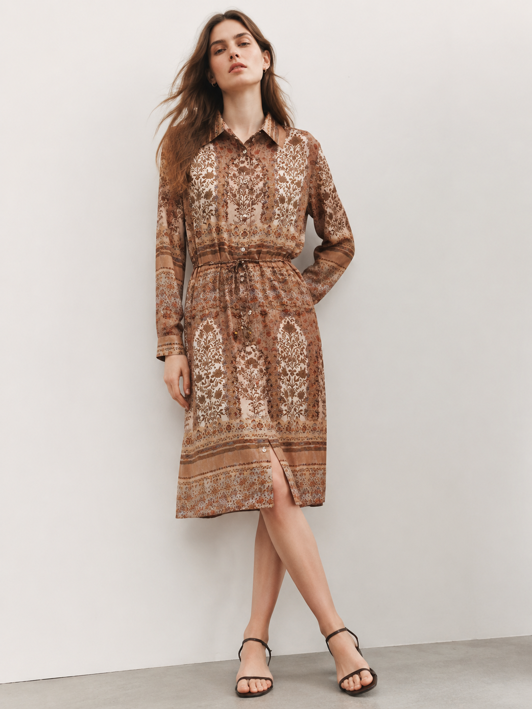 Beaded Belted Floral Print Shirt Dress - Boho Chic Dress A-43049