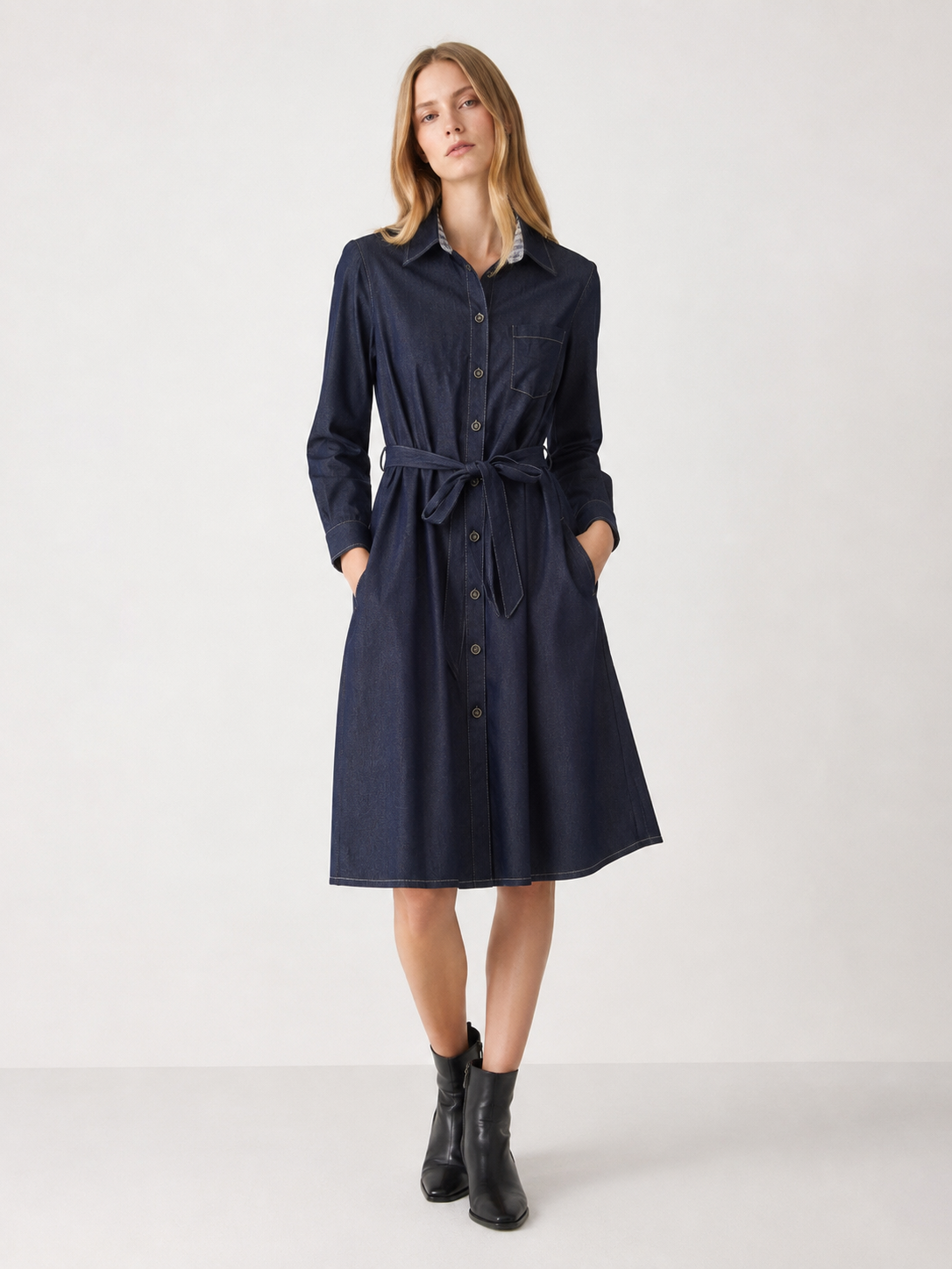Denim Shirt Dress with Belt - Casual Midi Dress A-43054