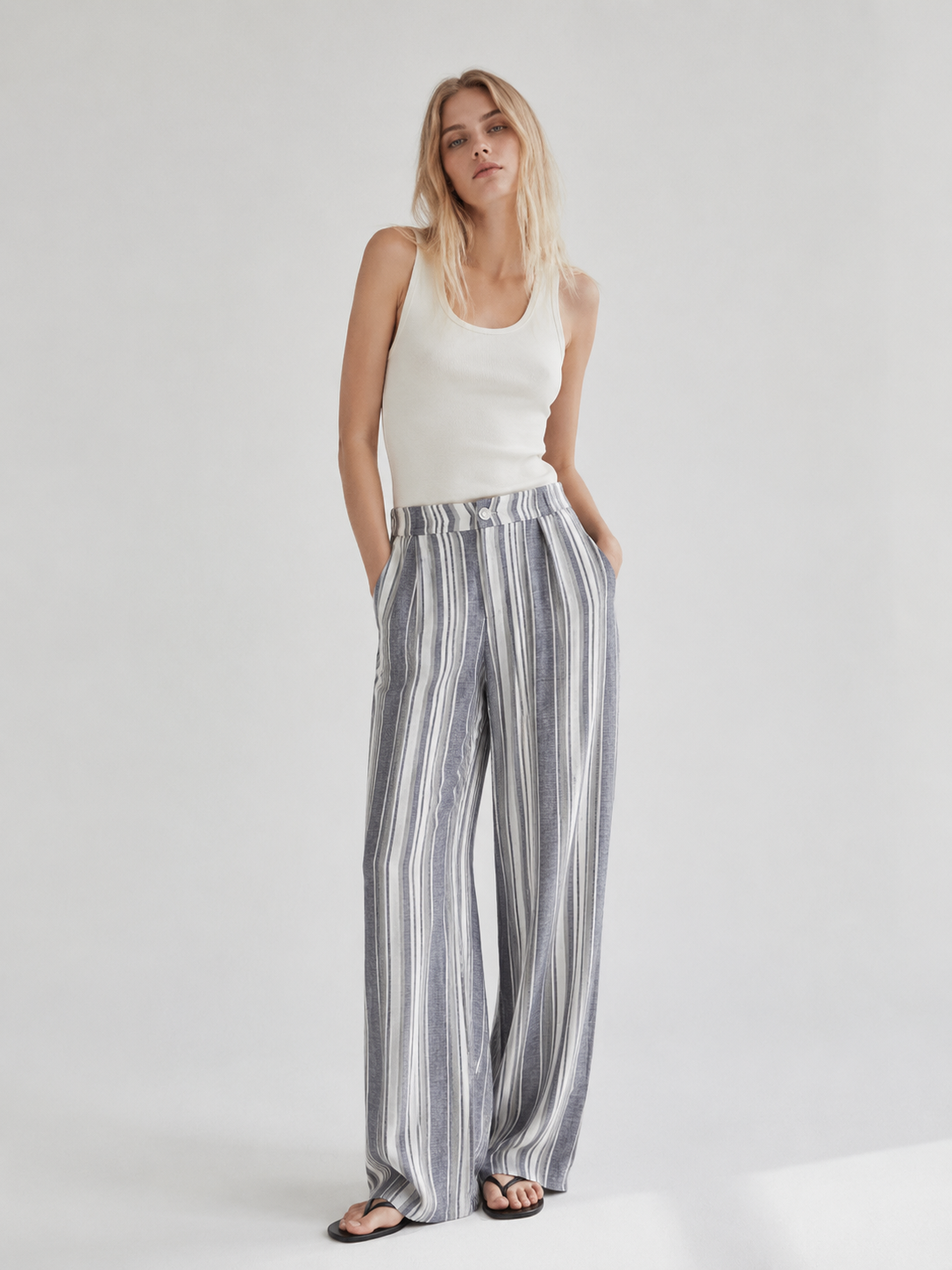 Minimalist Linen-Blend Striped Wide Leg Pants - Chic Office Casual D-40662