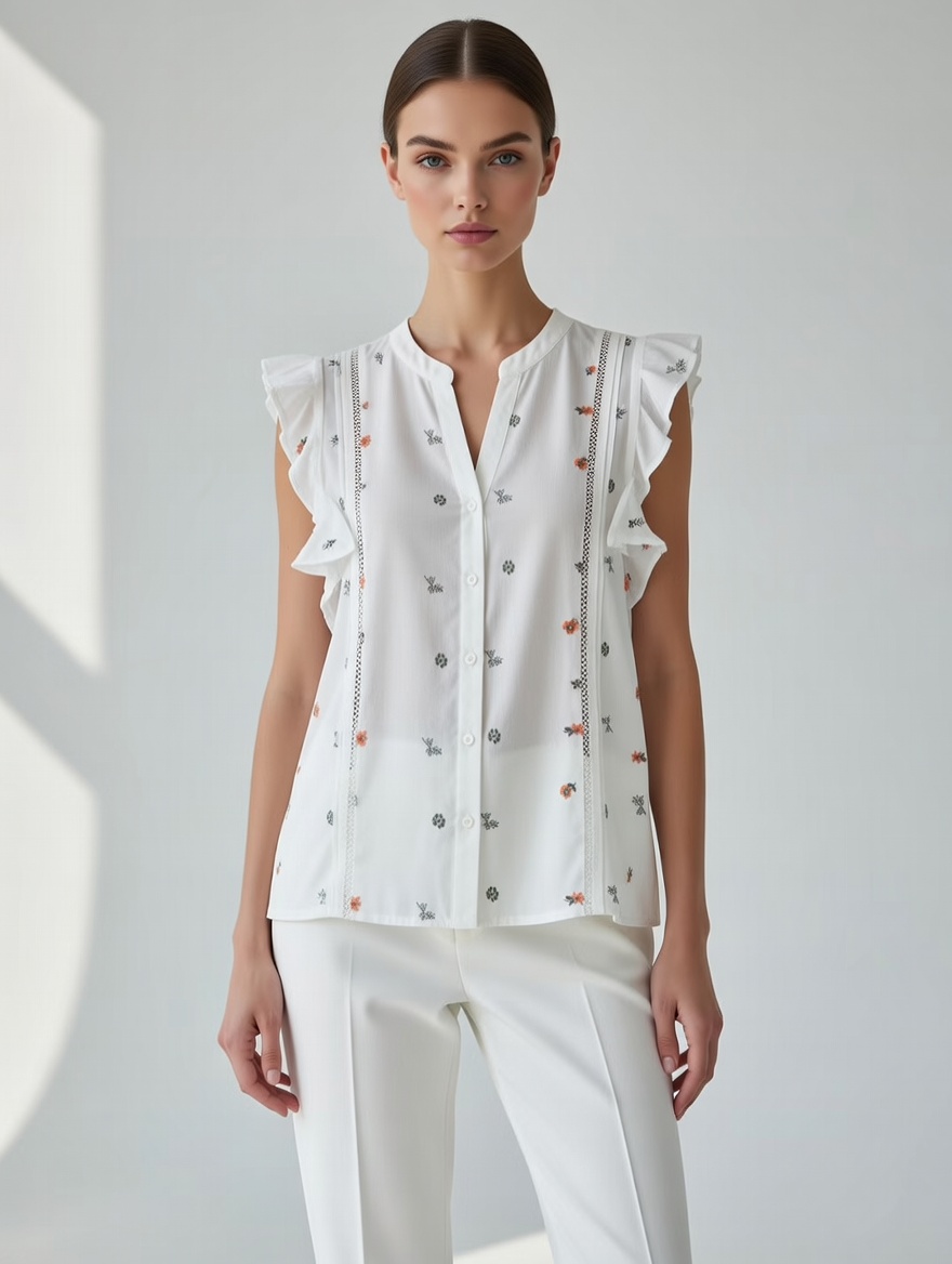 Women’s Floral Embroidered Ruffle Sleeve Button Blouse AN-760011