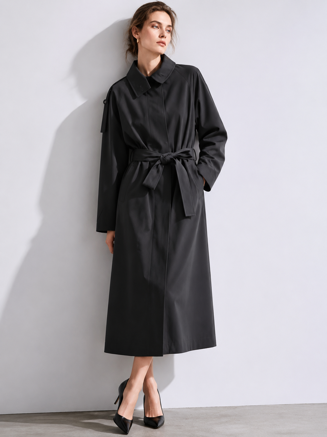 Dark Grey Belted Trench Coat with Asymmetric Collar - Long Outerwear M-42870